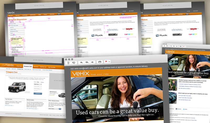 Screen captures of various projects for Vehix including website redlines as well as marketing email designs