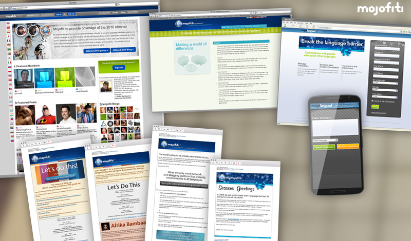Screen captures of various Mojofit projects including marketing emails, mobile Web app design, banner ads, and multiuser blogging platform design