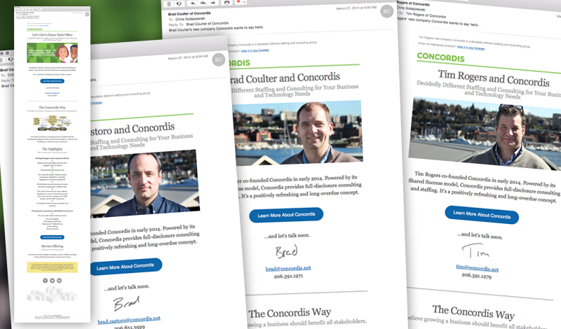 Screen captures of various Concordis marketing email designs