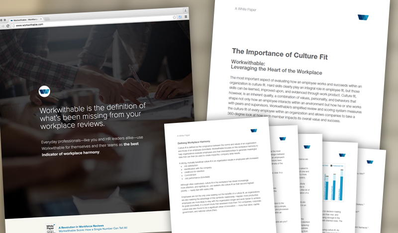 Screen capture of the Workwithable marketing website and a few pages of some white paper design