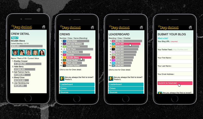 Screen captures of the first Pop Salad mobile Web app