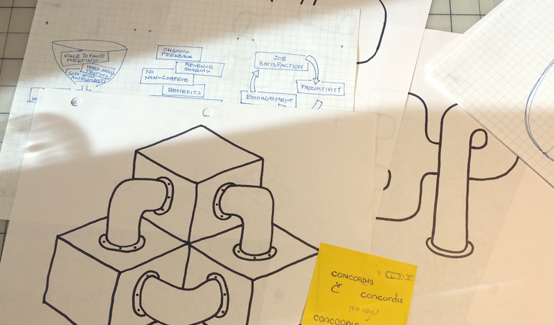 Preliminary sketches of some illustrations used on the Concordis website