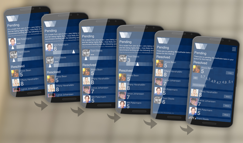 High fidelity comps describing user flow scoring process for the Workwithable responsive Web app as seen on a handheld device