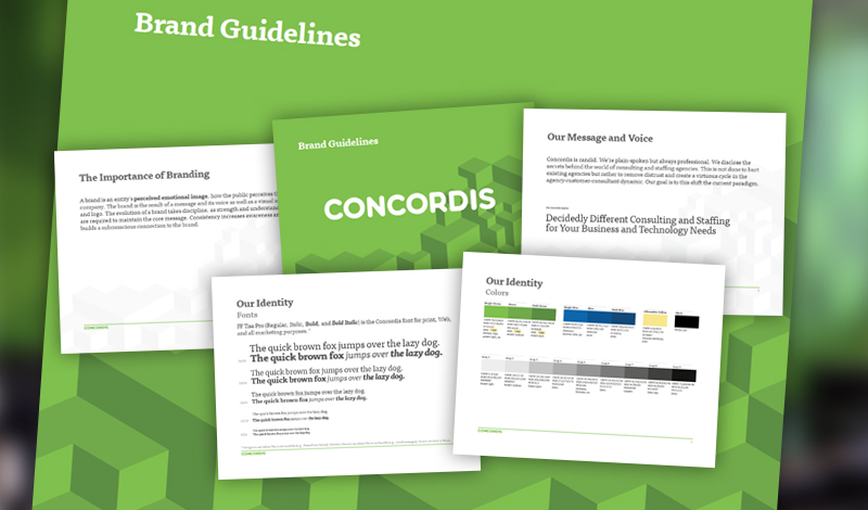 Screen captures of some pages from the Concordis brand guideline PDF