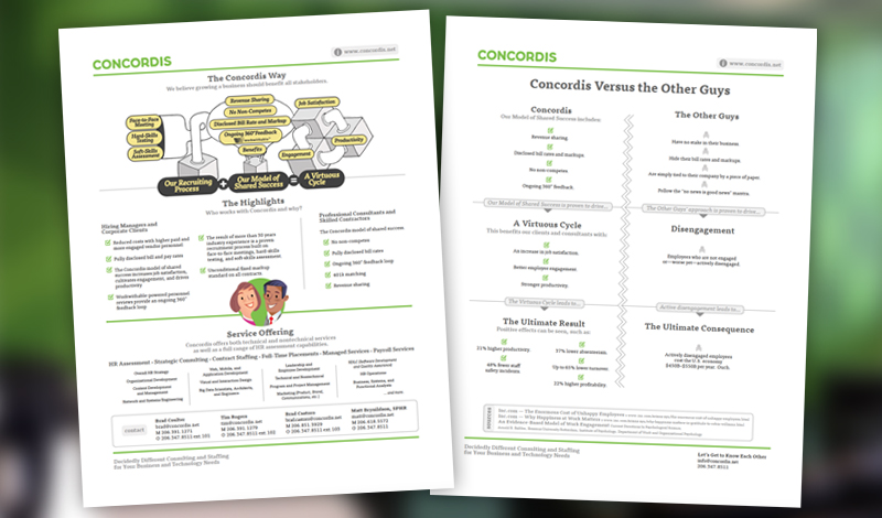 Screen captures of a couple of Concordis’ one-page marketing assets PDFs