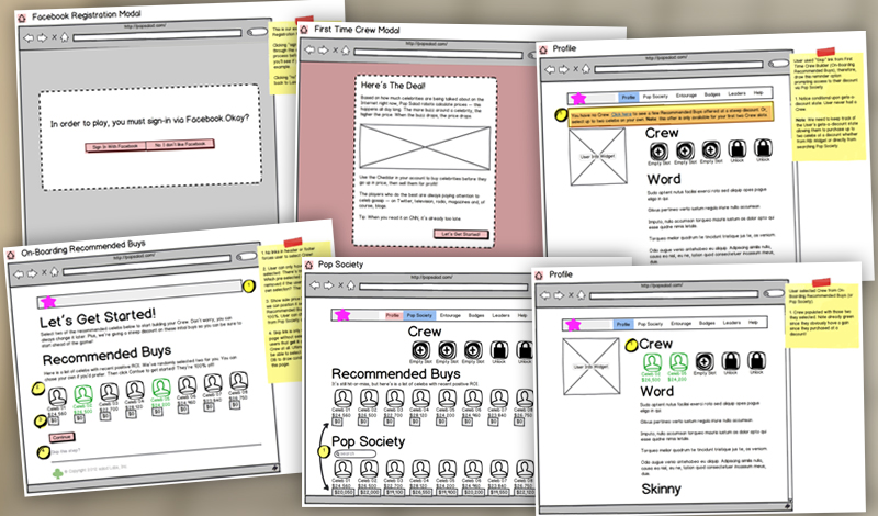 Screen captures of some Pop Salad Web app onboarding process